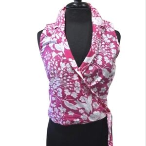Feminine Vintage 90s Escada 36 Pink Floral Wrap Top Sleeveless Tank Barbie